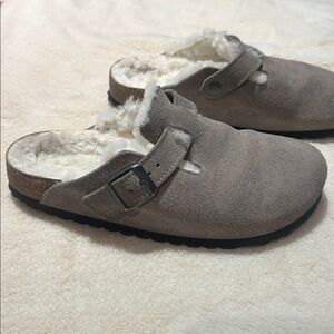 Birkenstock Narrow Fit Boston Shearling Suede Clogs Stone Coin